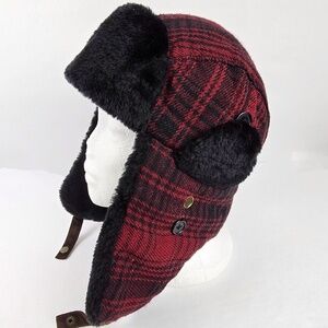 Woolrich Winter Trapper ear Hat Faux Shearling Plaid Tartan Red Size Large L